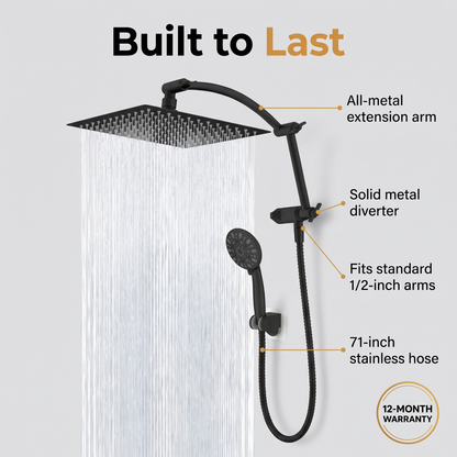 Rainfall Shower Head Combo 10 inch Rainfall, 7 Spray Settings, Easy 15 Minute Install